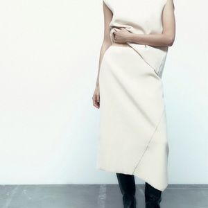 Zara Ivory Felted Pull On Elastic Waistband Asymmetrical Midi Skirt Small NWT